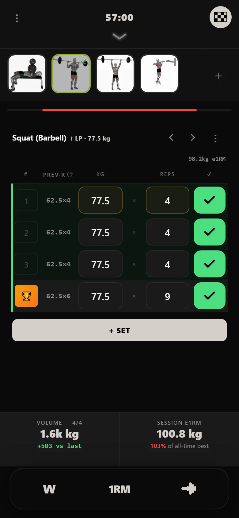 Ivysaur heavy squat day in Durata at 77.5 kg with a nine-rep AMRAP top set that doubles the next weekly jump to fifteen kilos