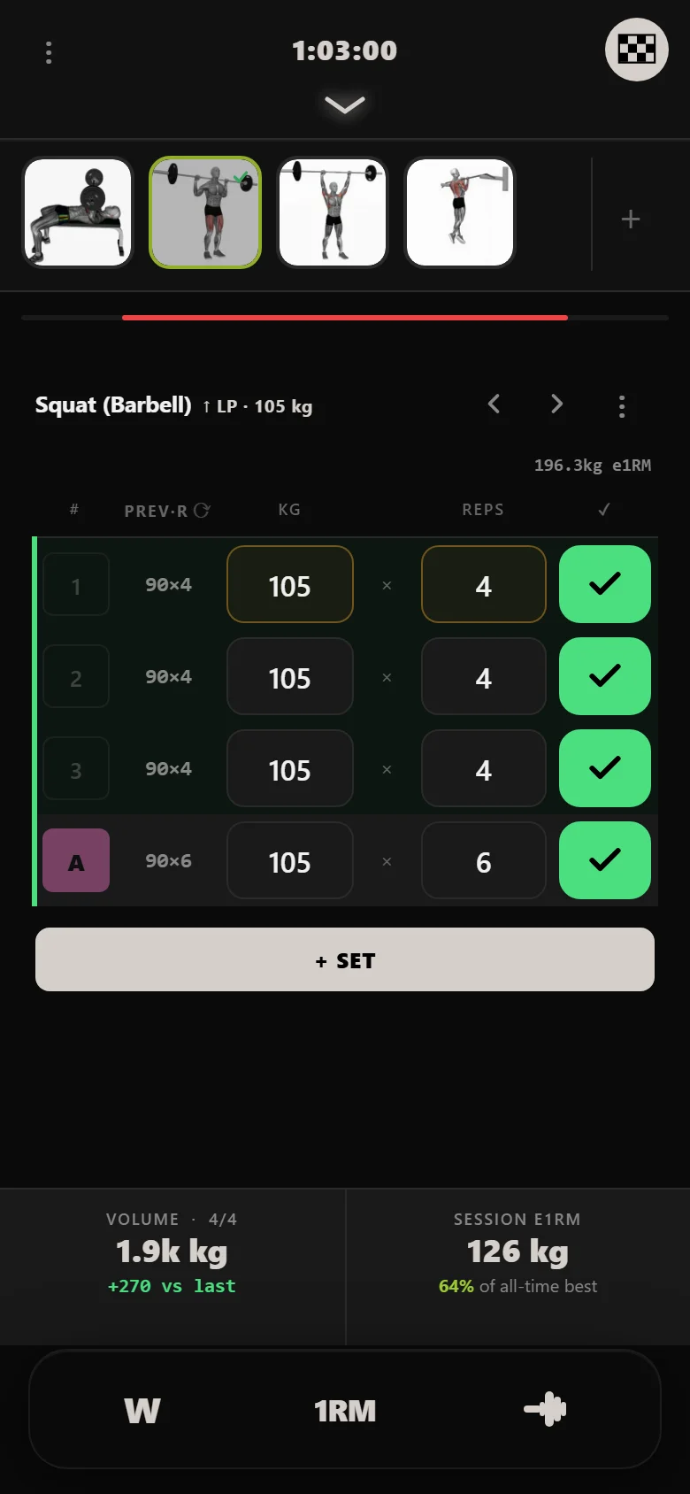 Durata logger — Ivysaur squat, 105 kg on the bar, above the weight that stalled the first run