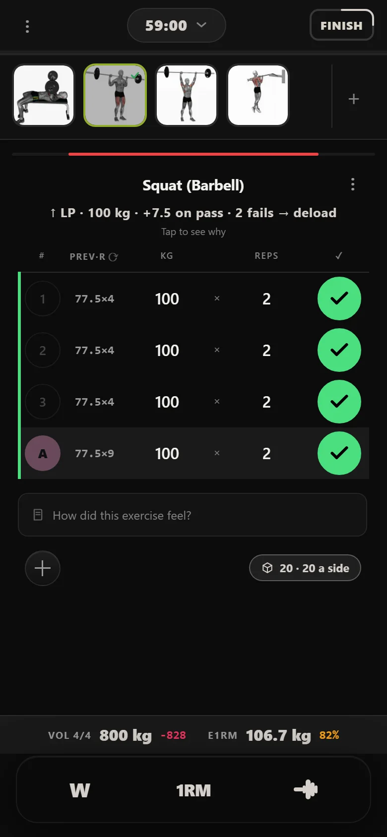 A missed Ivysaur squat week in Durata: 100 kg on the heavy day with the top set coming up short, the weight held