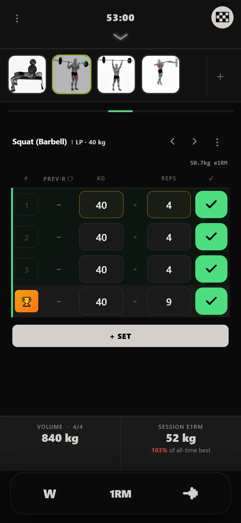 Durata logger — Ivysaur heavy squat day, week one, 40 kg on the bar
