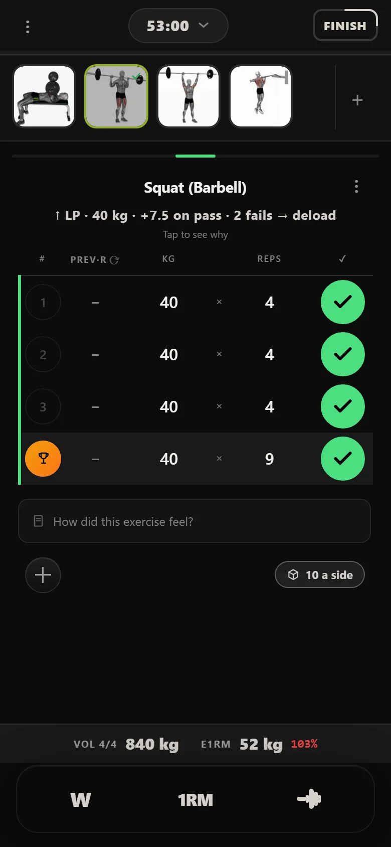 Ivysaur 4-4-8 heavy squat session in Durata at 40 kg with the weekly linear-progression chip visible