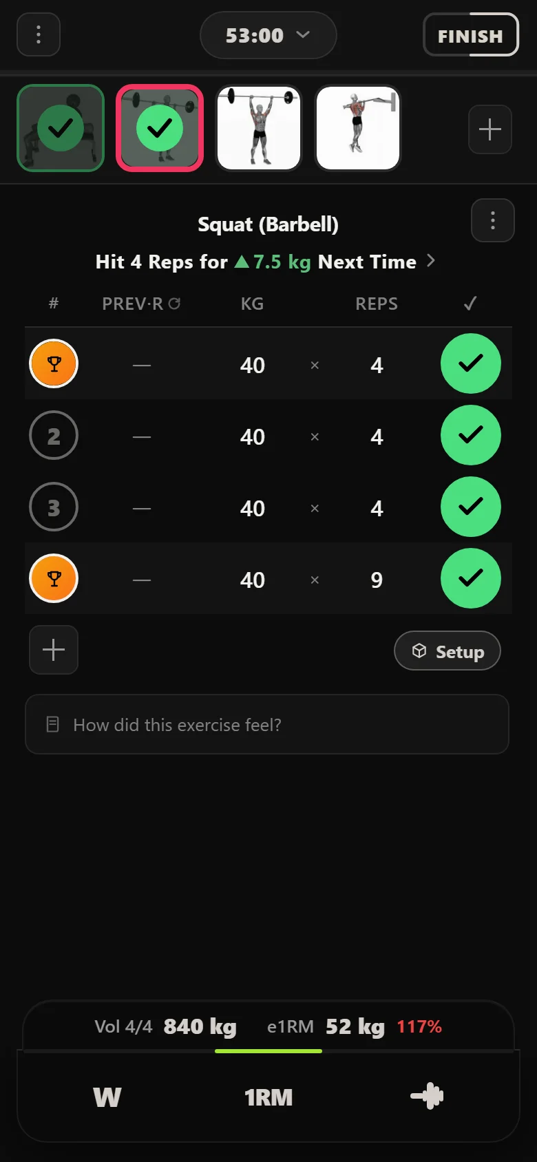 Durata logger: Ivysaur heavy squat day, week one, 40 kg on the bar