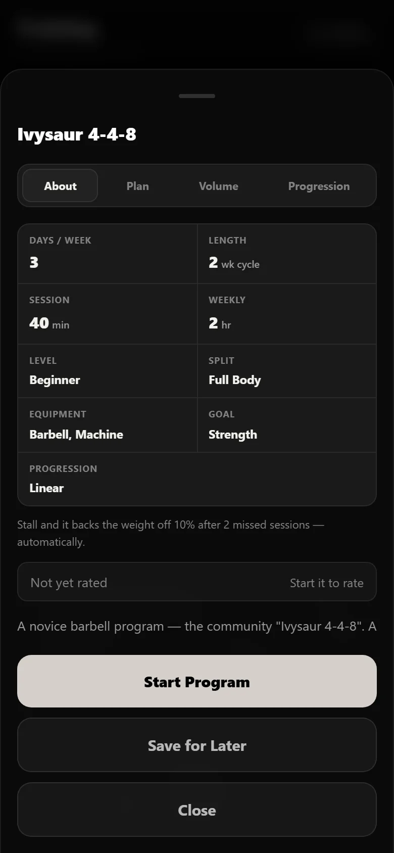 Durata finder results with Ivysaur 4-4-8 as the top pick for a beginner barbell profile