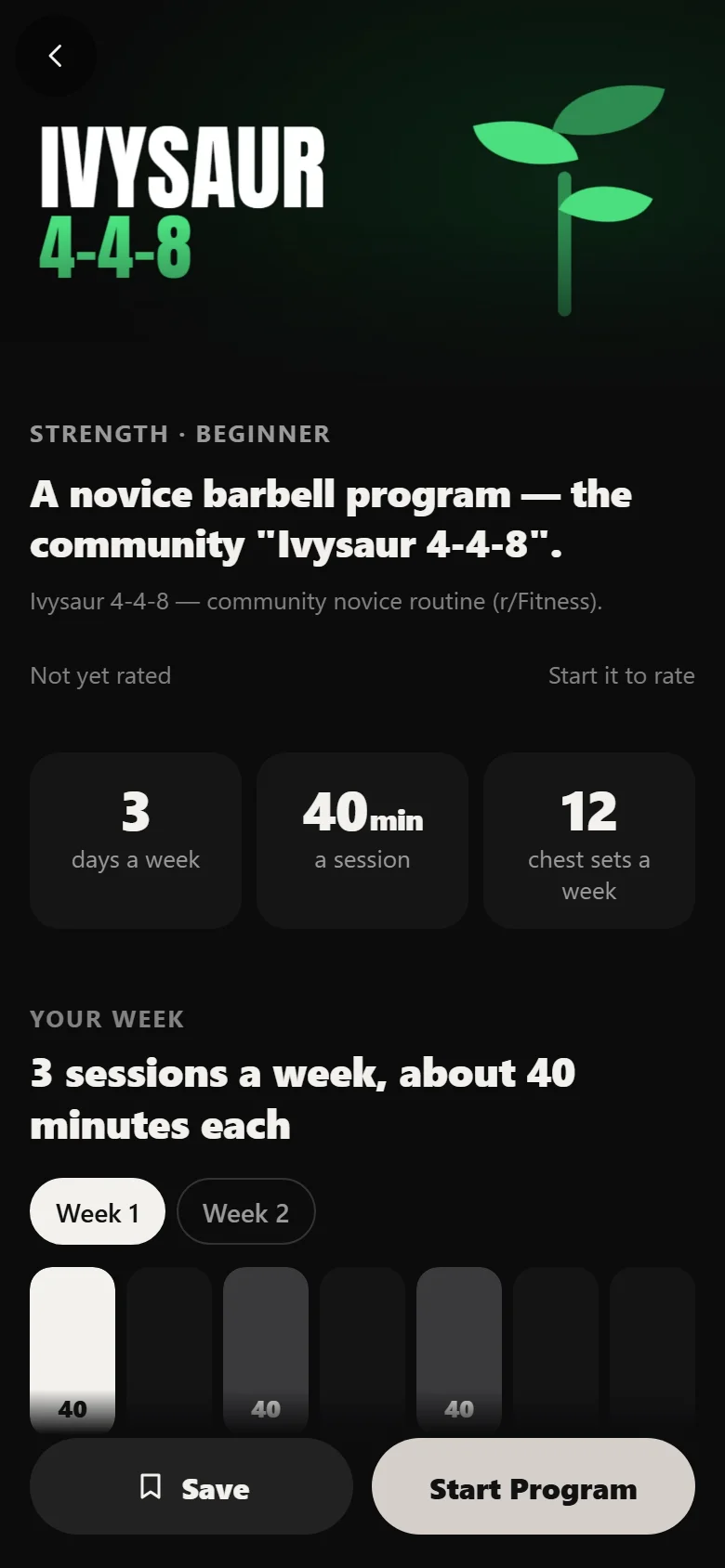 The Ivysaur 4-4-8 program page in Durata showing the week of sessions before you start