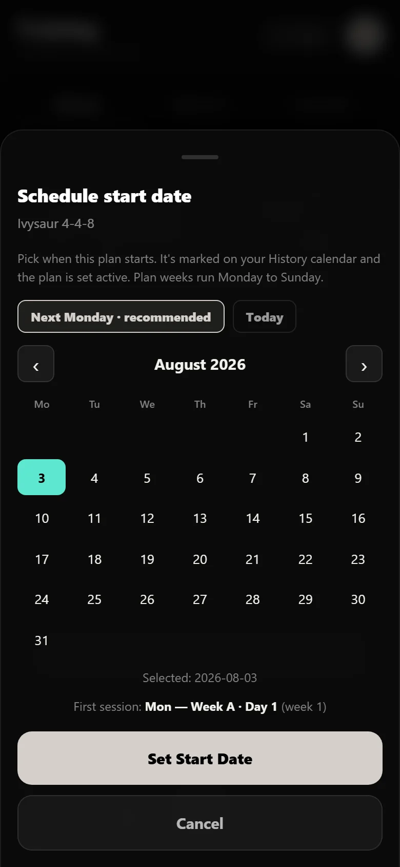 Choosing a start date for an Ivysaur 4-4-8 block in Durata, marked on the history calendar
