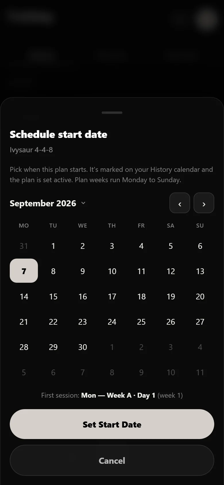 Choosing a start date for an Ivysaur 4-4-8 block in Durata, marked on the history calendar
