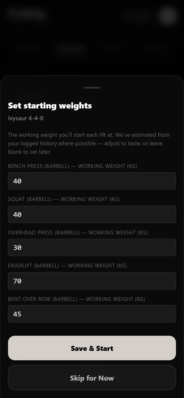 Setting starting working weights when beginning Ivysaur 4-4-8 in Durata, squat at 40 kg