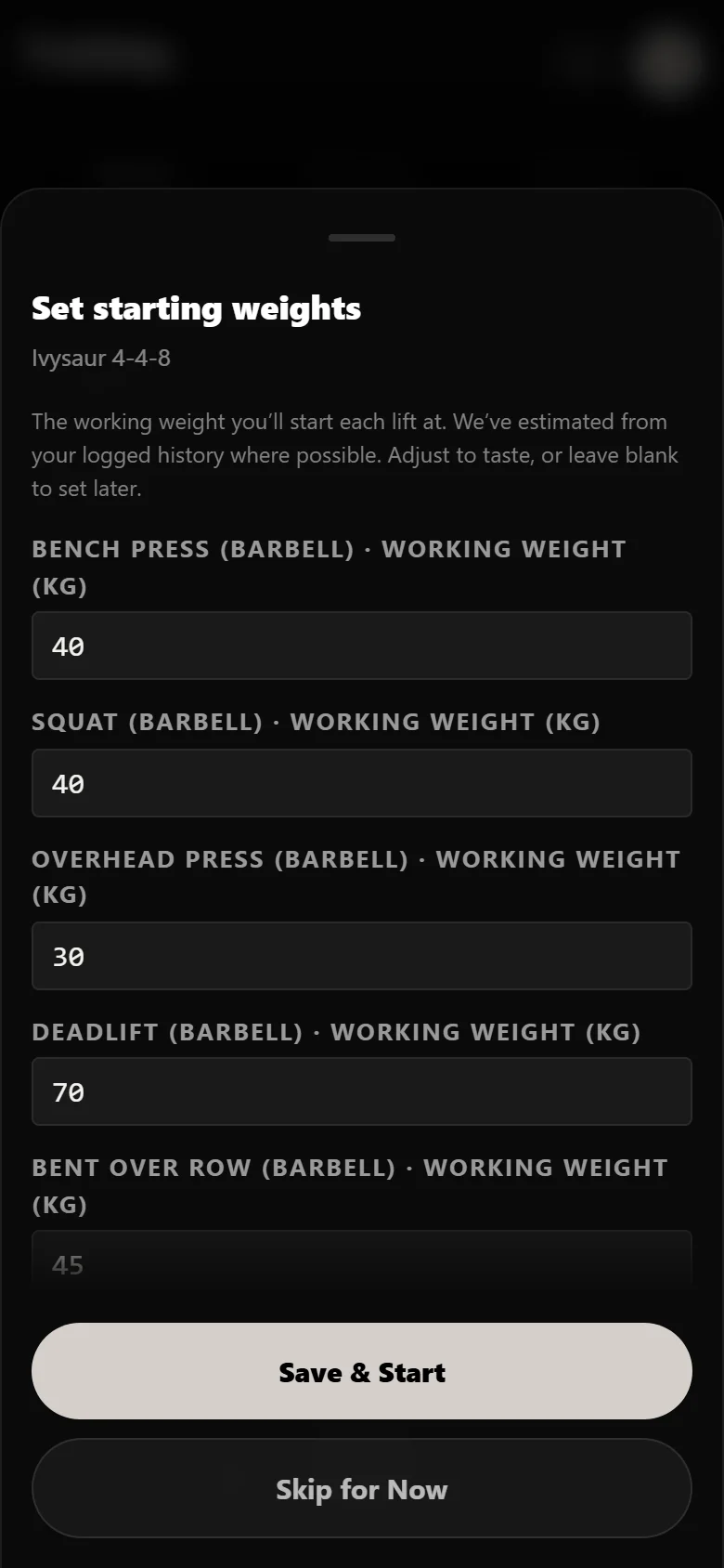 Setting starting working weights when beginning Ivysaur 4-4-8 in Durata, squat at 40 kg