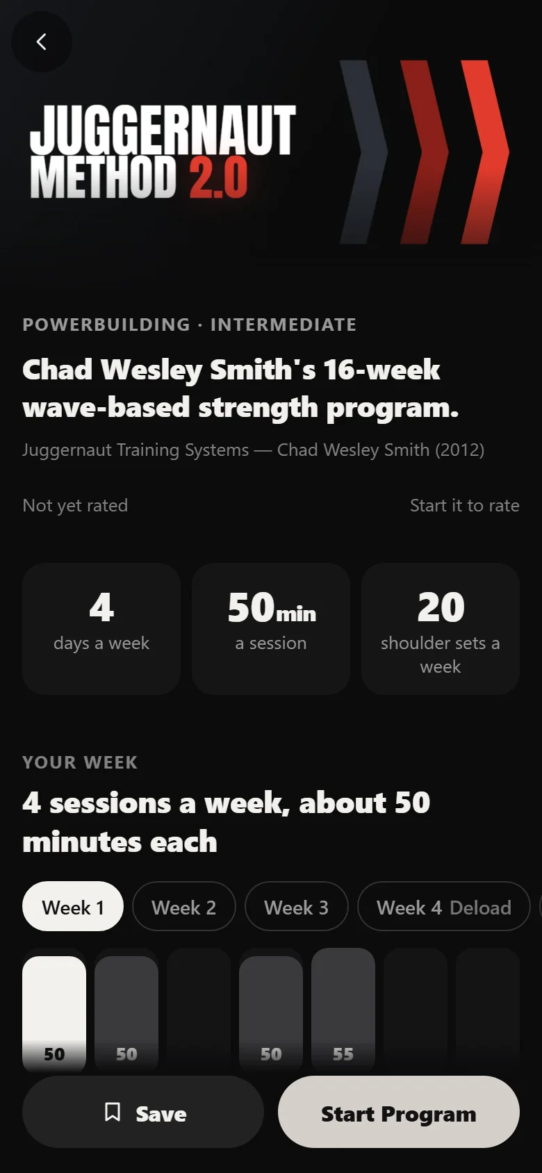 Juggernaut Method 2.0 program detail screen in Durata