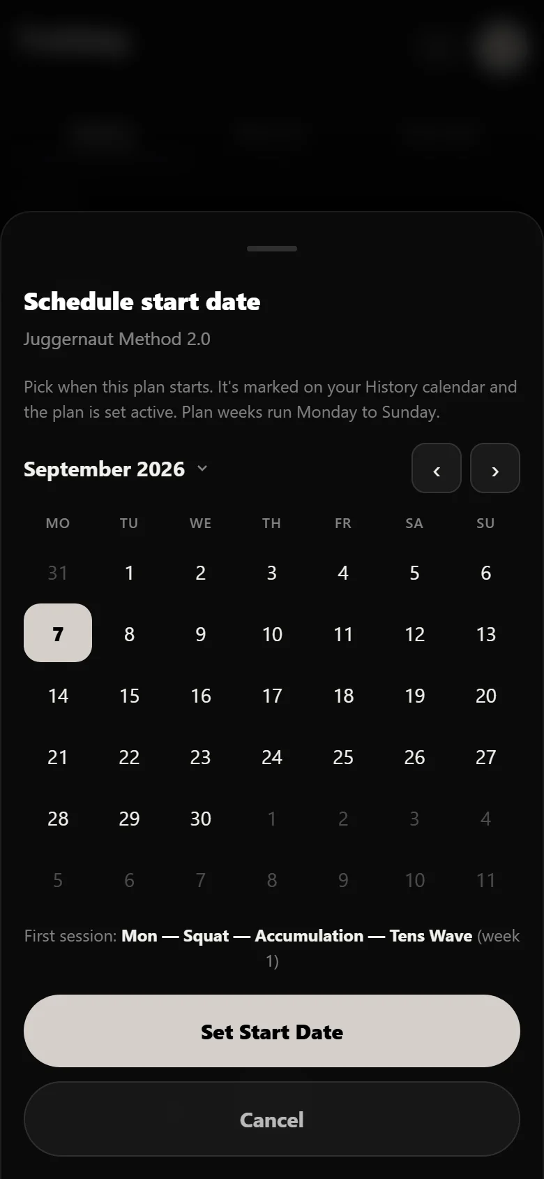 Setting the start date when beginning Juggernaut Method 2.0 in Durata
