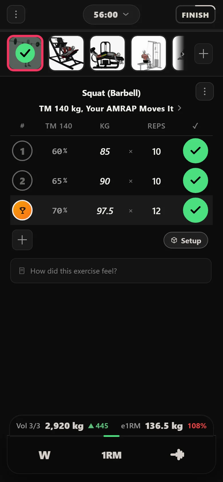 Durata logger showing the squat's realization set in the Tens wave