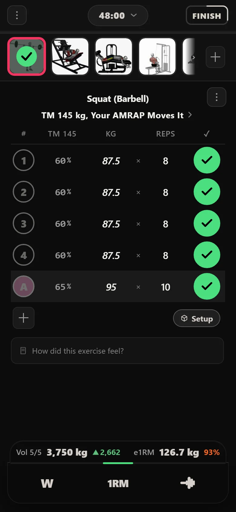 Durata logger showing the squat's first session of the Eights wave