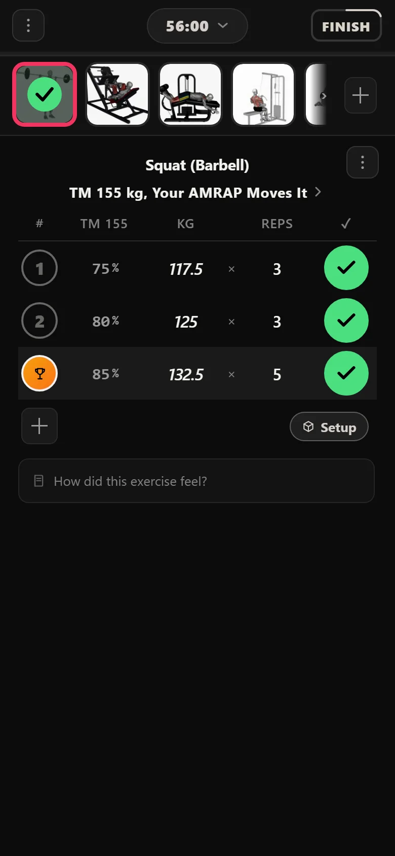 Durata logger showing the squat's last realization set of the block