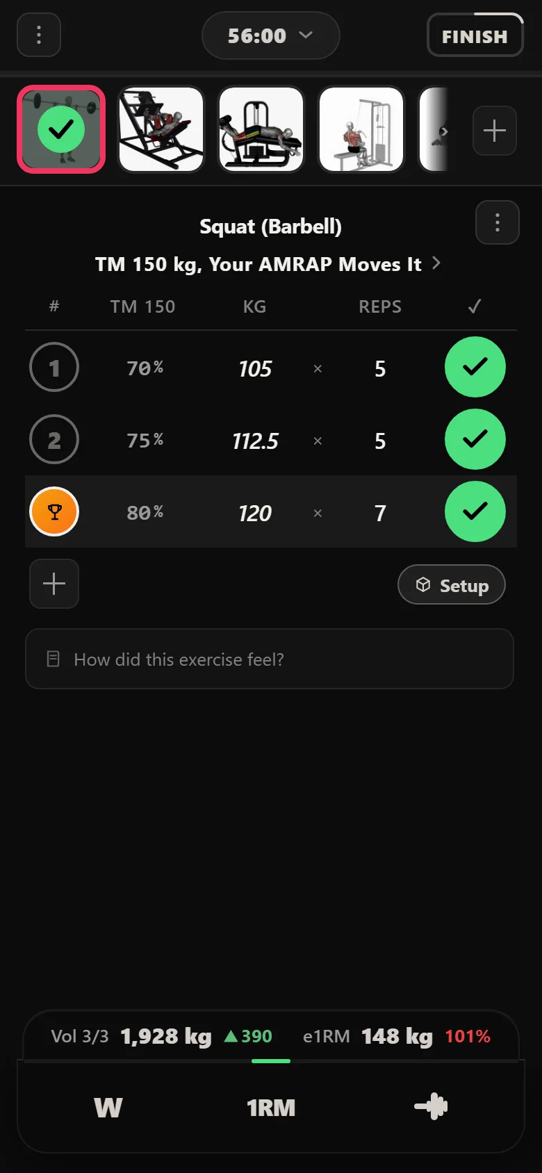 Durata logger showing the squat's realization set in the Fives wave