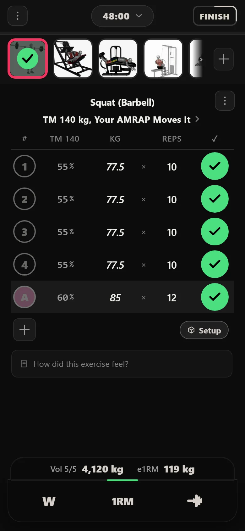 Durata logger showing the squat's opening Juggernaut session