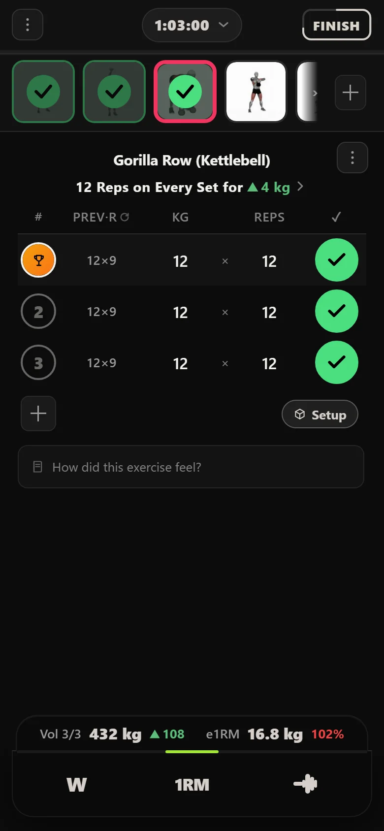 Durata logger showing the gorilla row at 12 kg for 12 reps on every set