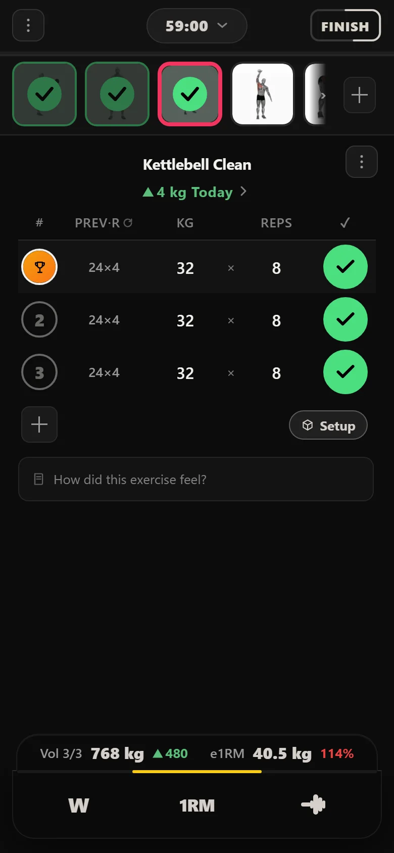 Durata logger showing the kettlebell clean at 32 kg