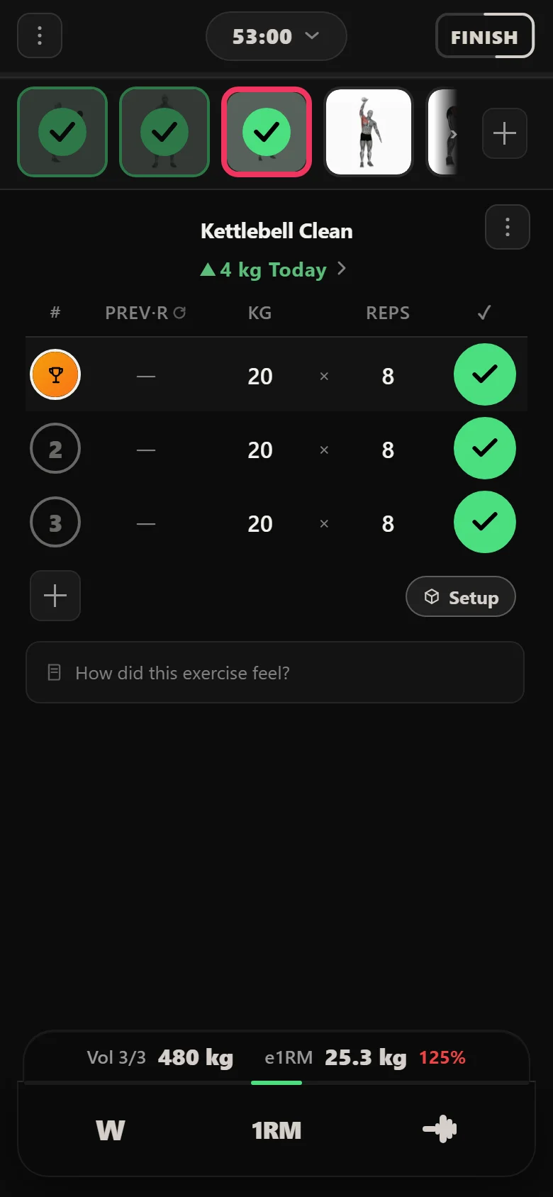 Durata logger showing the kettlebell clean at 20 kg