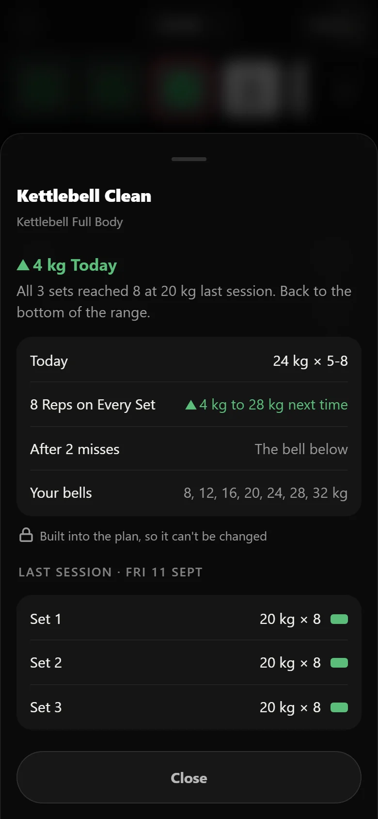 Durata rule sheet for the kettlebell clean, listing the next bell and the bells it steps through