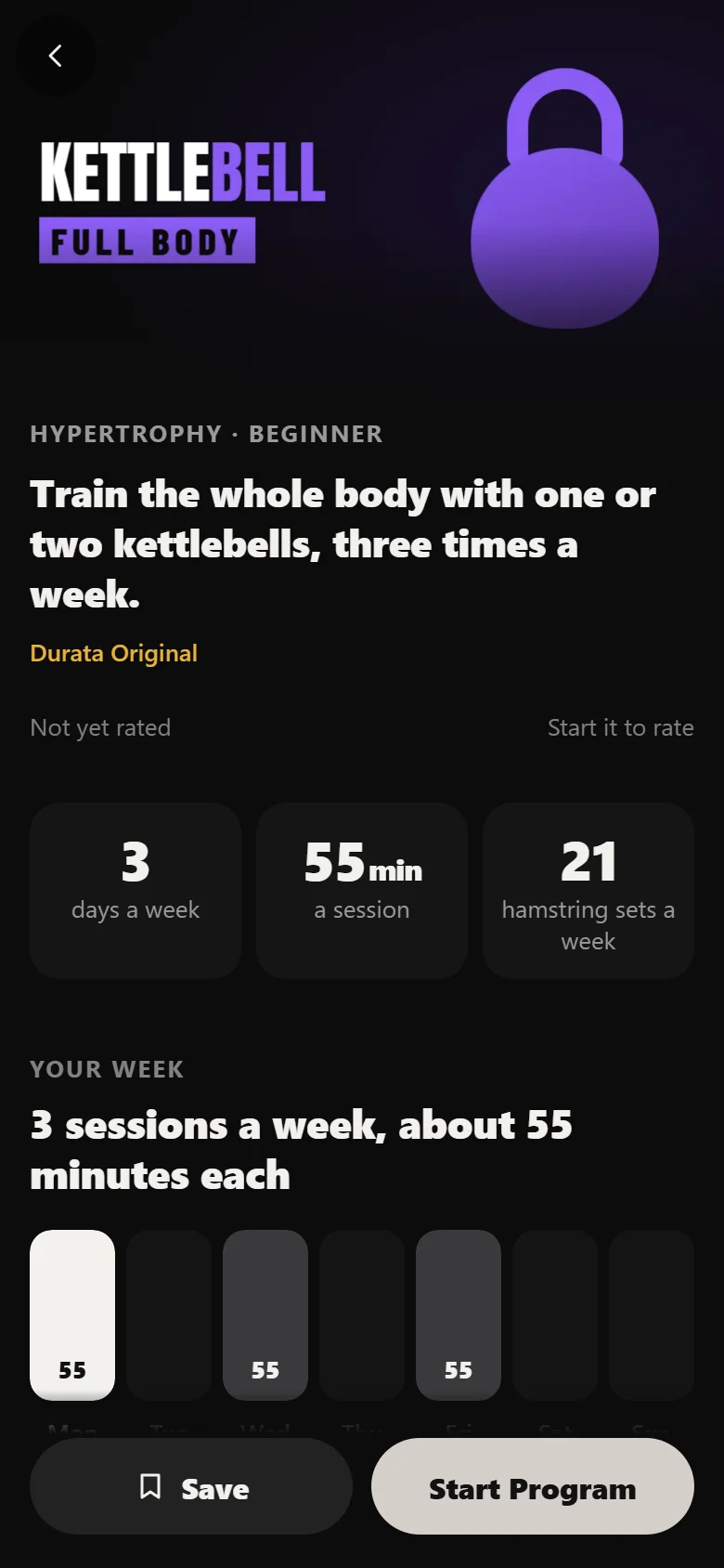 Kettlebell Full Body program detail screen in Durata