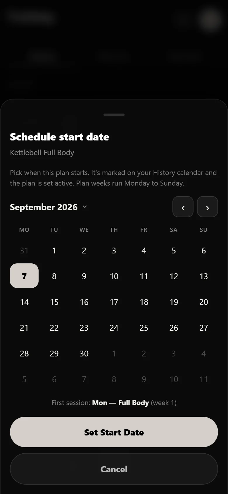 Choosing a start date for a Kettlebell Full Body block in Durata