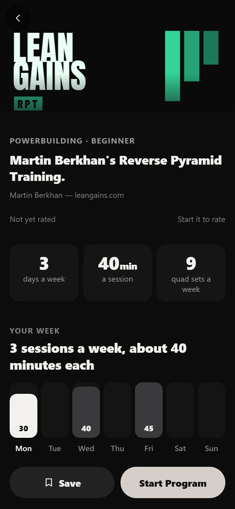 Leangains RPT program detail screen in Durata