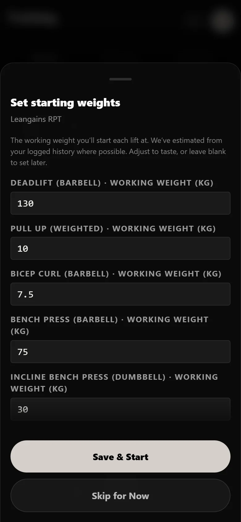 Leangains RPT setup sheet in Durata asking for a working weight per lift