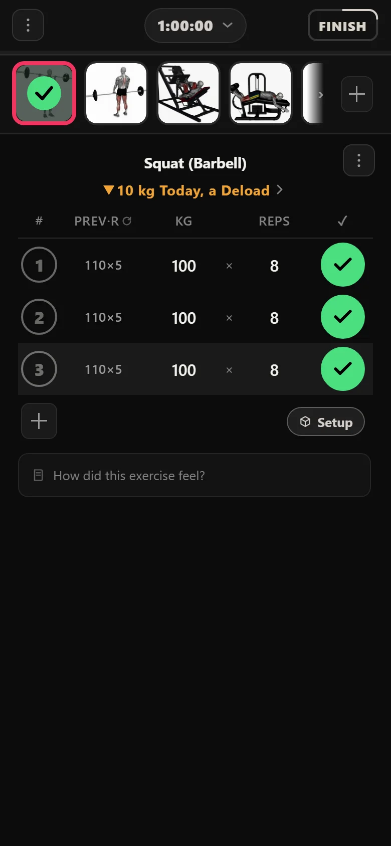 Durata logger showing the squat deloaded from 110 kg to 100 kg