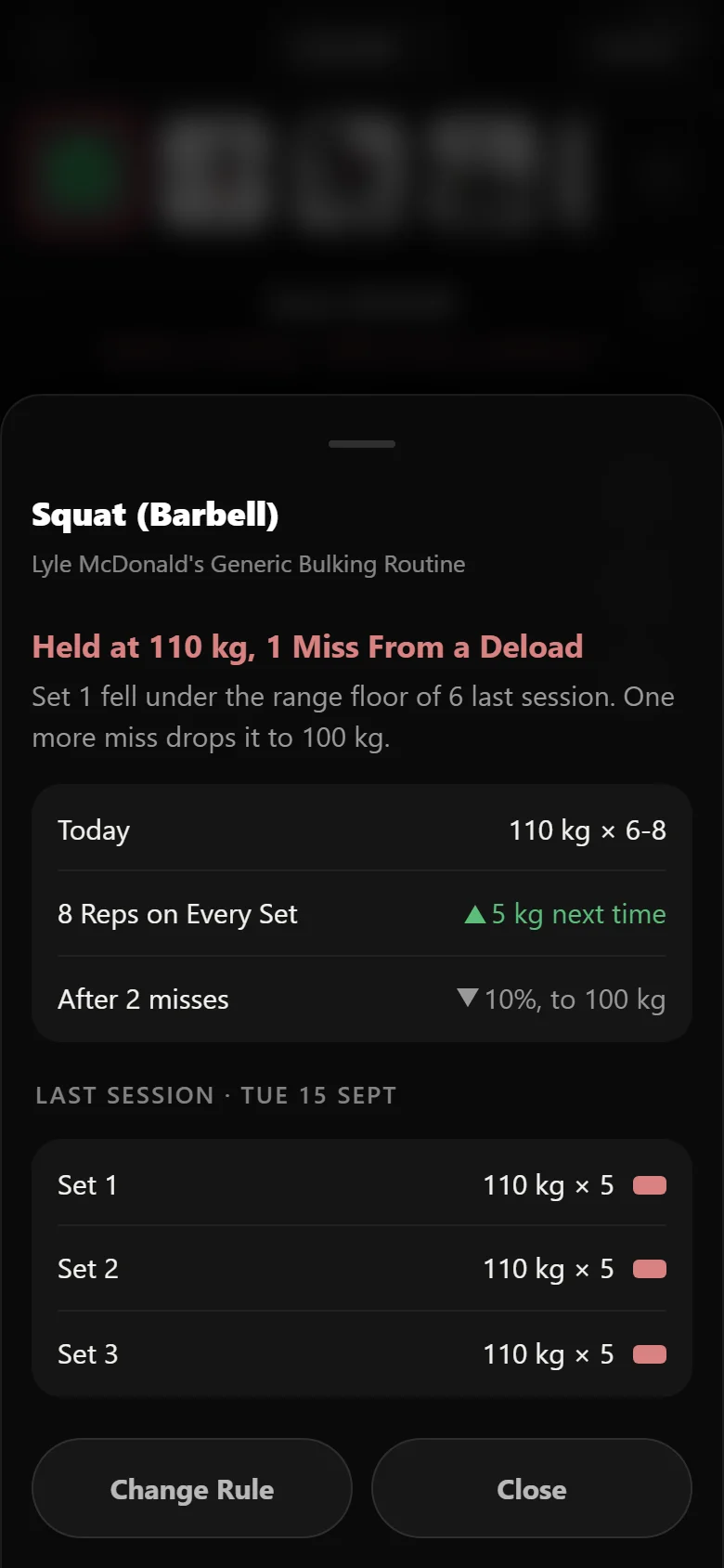 Durata rule chip expanded, showing the evidence behind a held squat weight