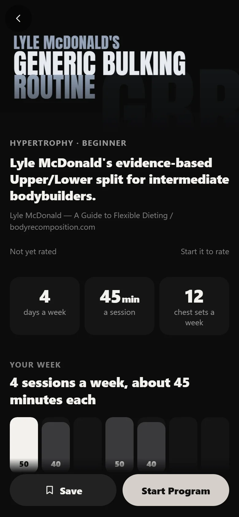 Generic Bulking Routine program detail screen in Durata
