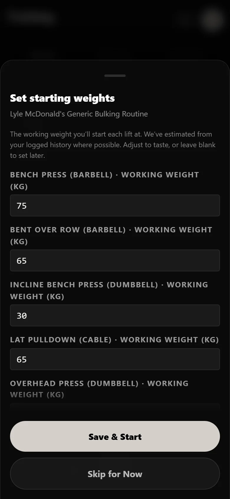 Generic Bulking Routine setup sheet in Durata asking for a working weight per lift