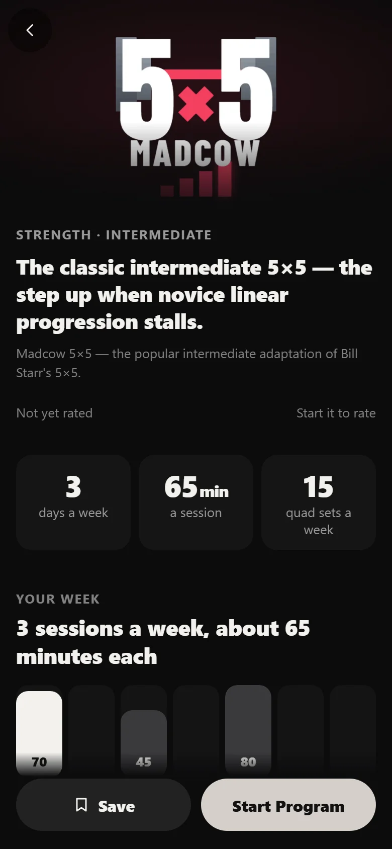 Durata program page for Madcow 5×5 showing schedule and progression rule