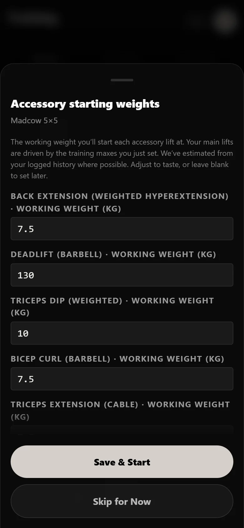 Durata starting-weights sheet with the deadlift at 130 kg