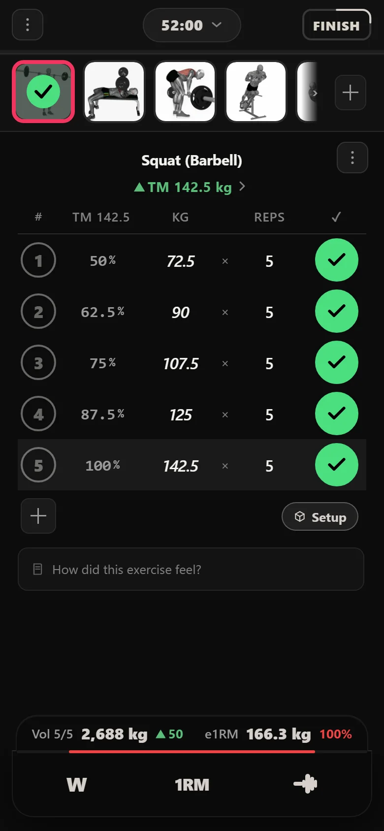 Durata logger: Squat (Barbell) heavy day now at 142.5 kg