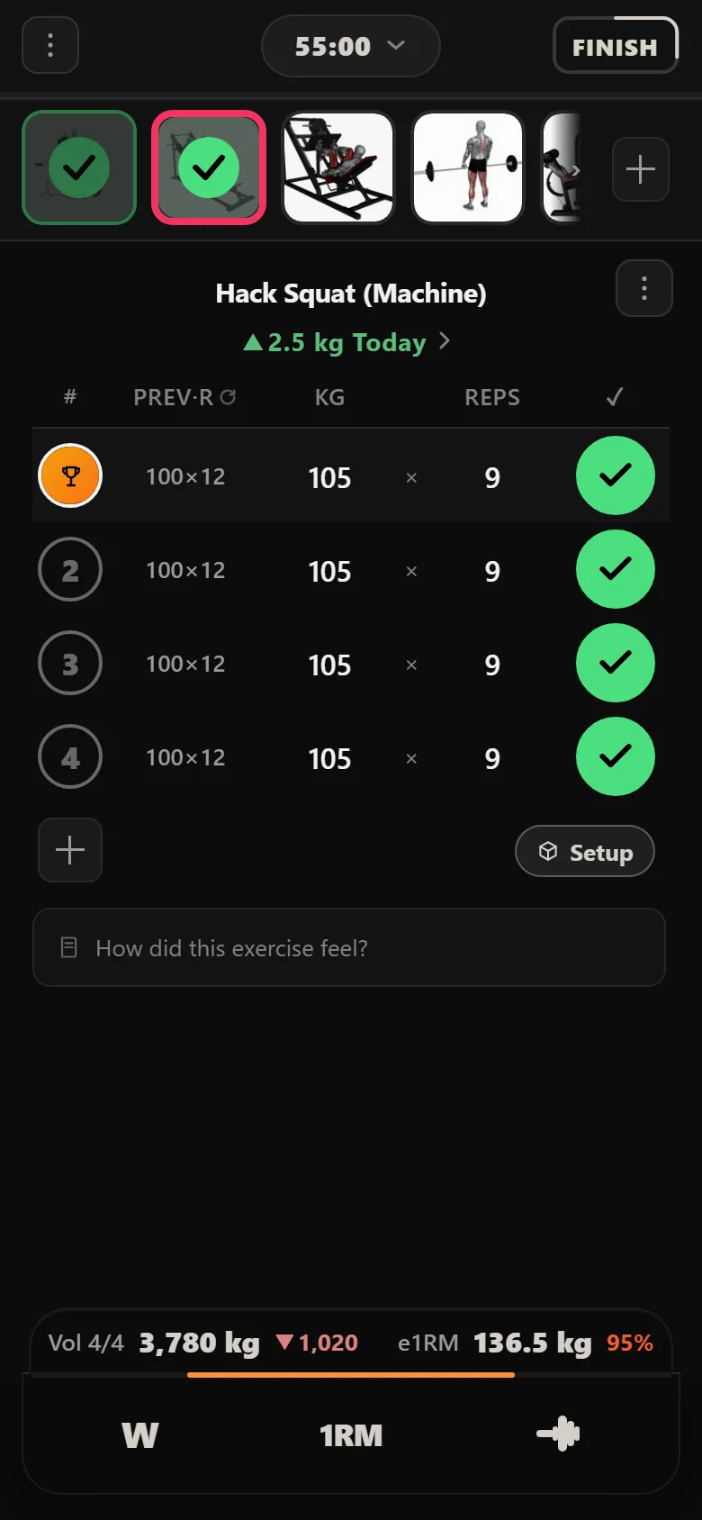 Durata logger showing a missed hack squat at 105 kg