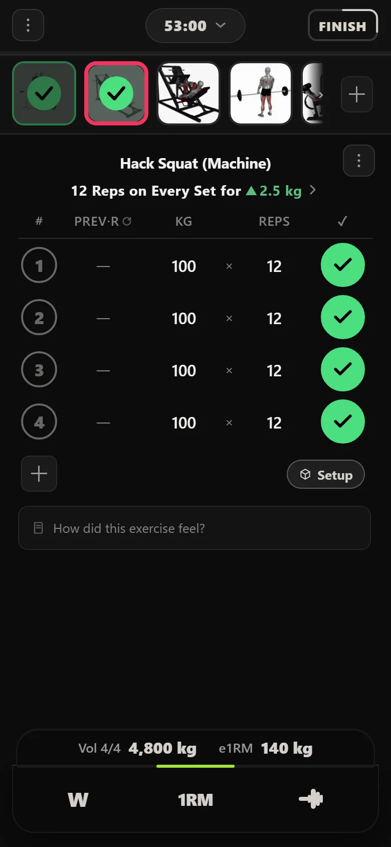 Durata logger: hack squat at 100 kg