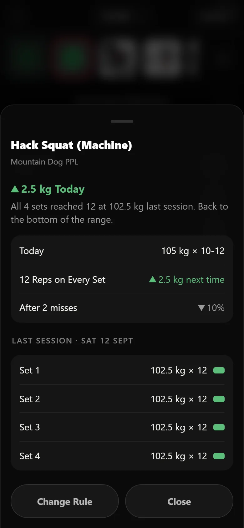 Durata rule chip expanded, showing the evidence behind a held hack squat weight