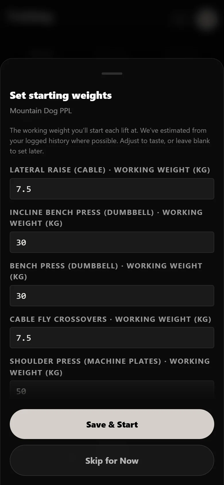 Mountain Dog PPL setup sheet in Durata asking for a working weight per exercise