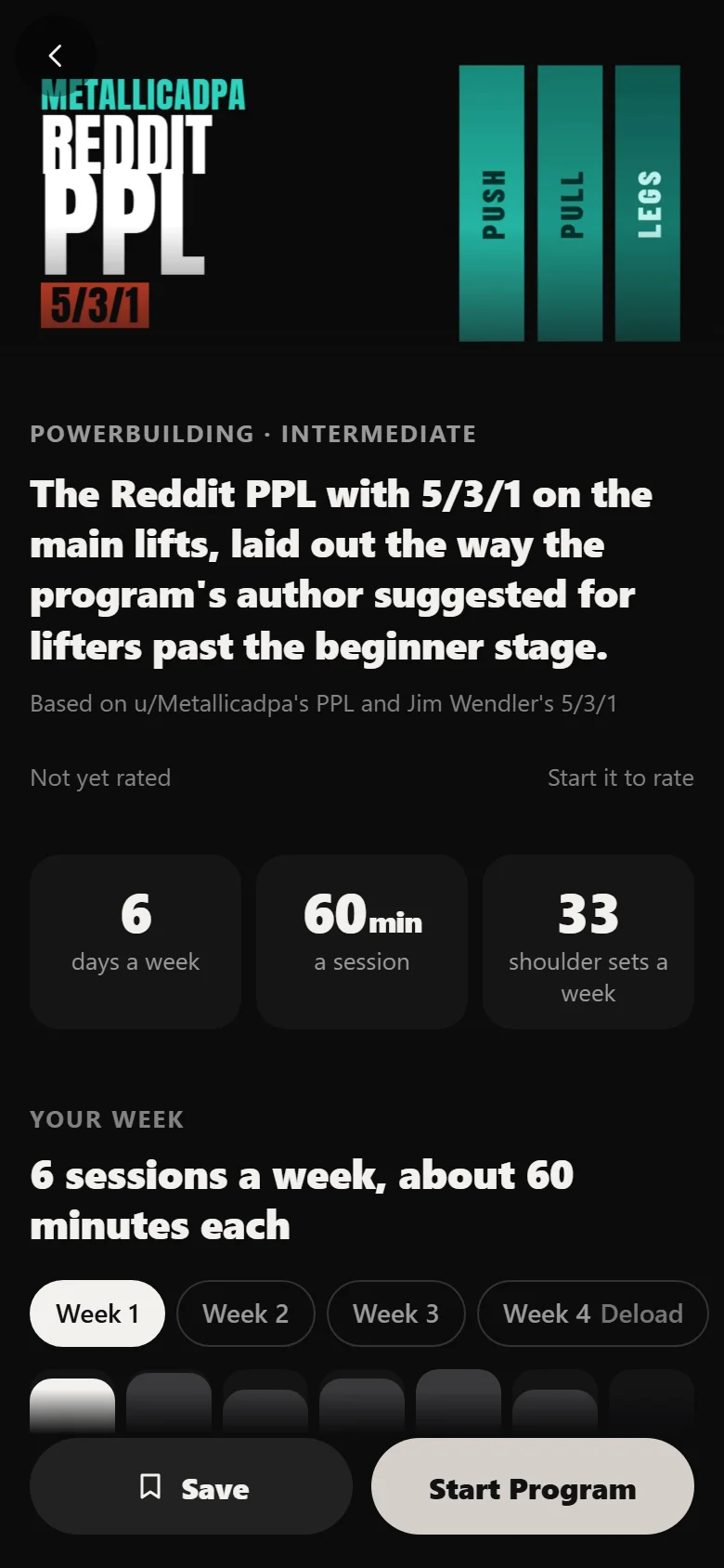 The Metallicadpa PPL 5/3/1 program page in Durata: Powerbuilding, Intermediate, six days a week, weeks 1 to 4 with a deload