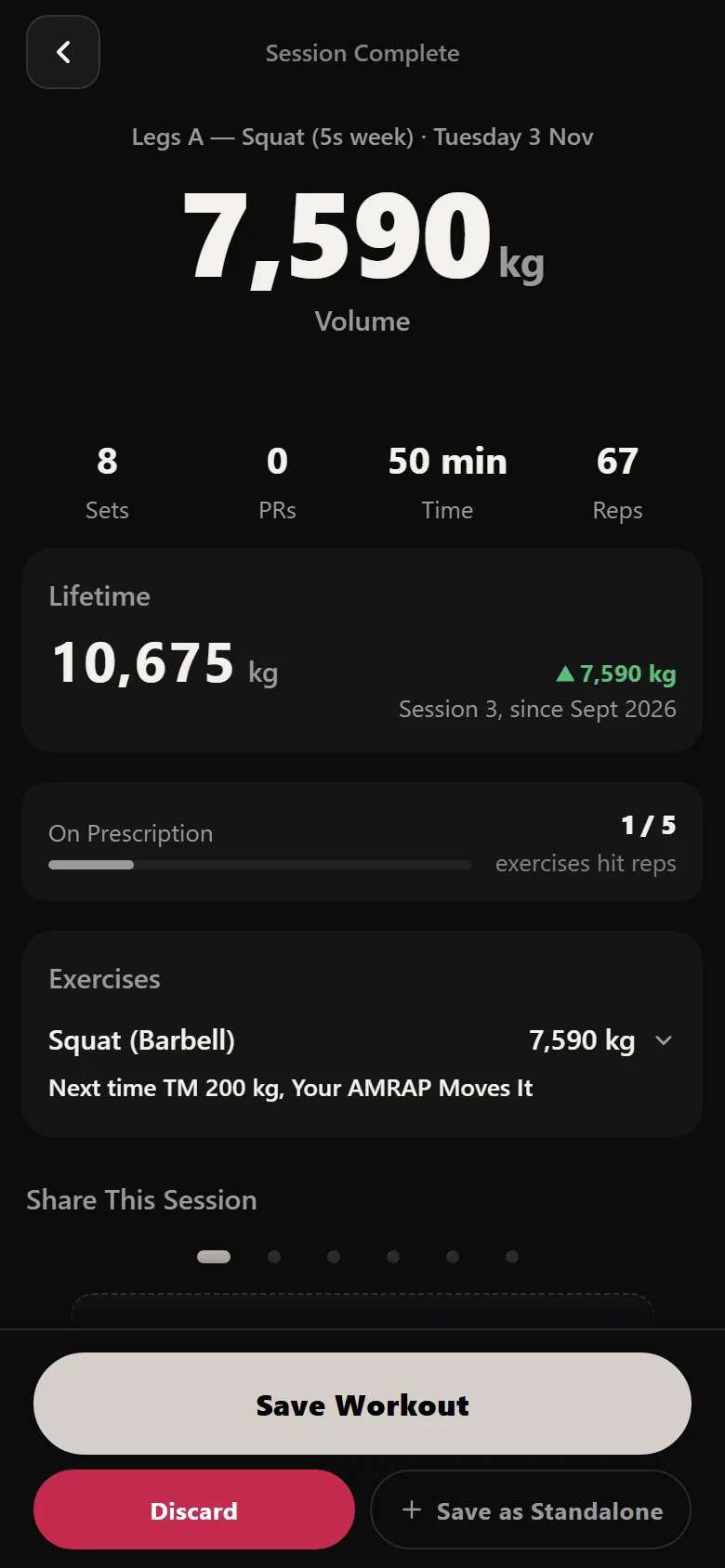 Durata session summary for Legs A showing 8 sets, 67 reps and 7,590 kg