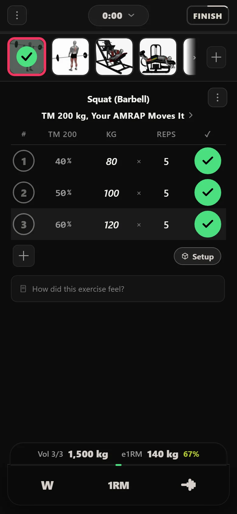 Durata logger: Squat (Barbell) deload week, 80, 100 and 120 kg for five