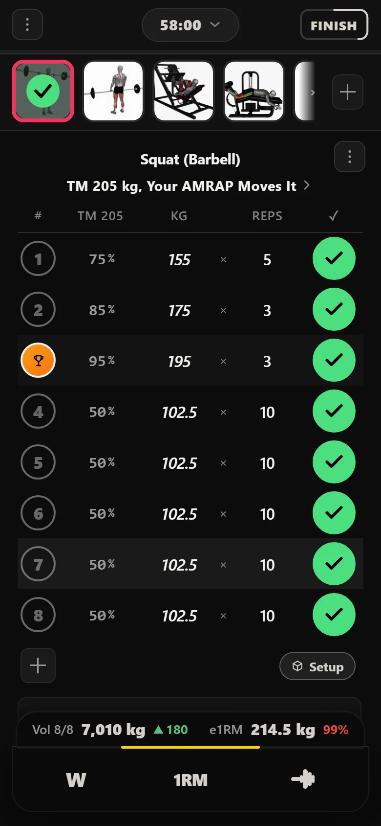 Durata logger: Squat (Barbell) week three of cycle two, 195 kg at 95% of a 205 kg training max