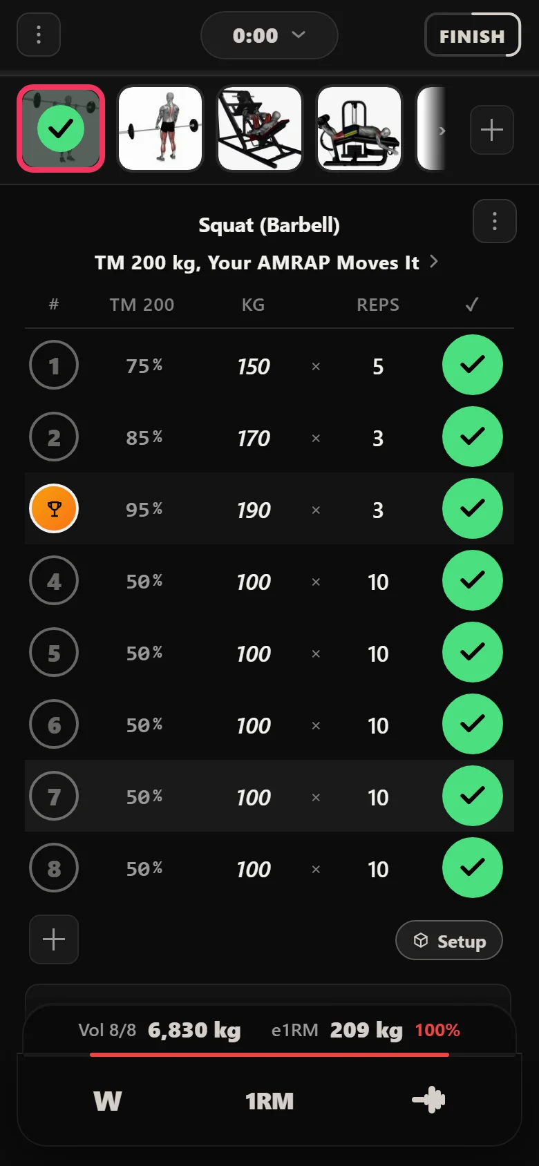 Durata logger: Squat (Barbell) week three, 190 kg at 95% of a 200 kg training max, then five sets of ten at 100 kg