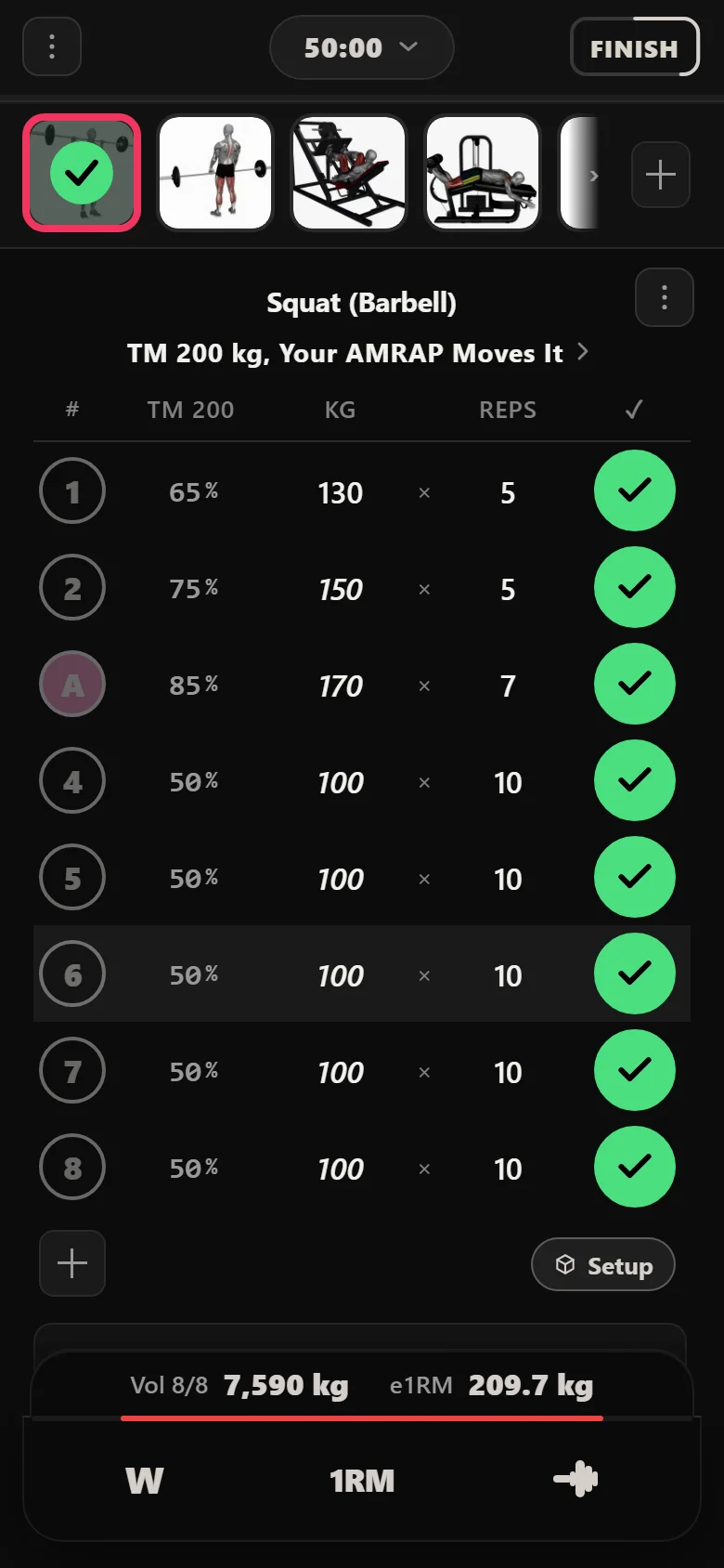 Durata logger: Squat (Barbell) off a 200 kg training max, 130, 150 and 170 kg then five sets of ten at 100 kg