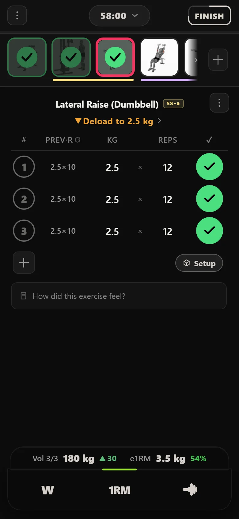 Durata logger showing Lateral Raise (Dumbbell) in superset A at 2.5 kg with the line Deload to 2.5 kg