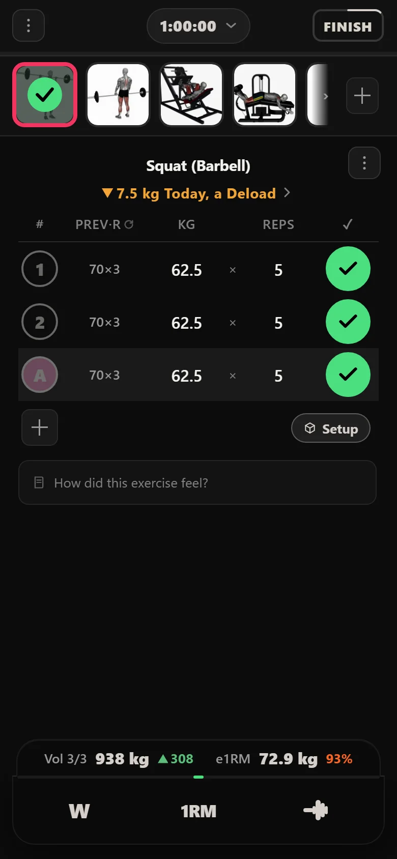 Durata logger showing the squat deloaded from 70 kg to 62.5 kg, the line reading 7.5 kg Today, a Deload