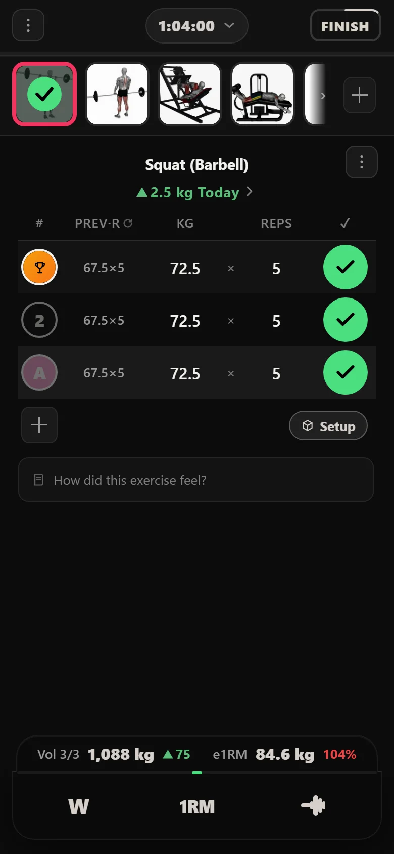 Durata logger showing the squat at 72.5 kg on the last leg day of the block