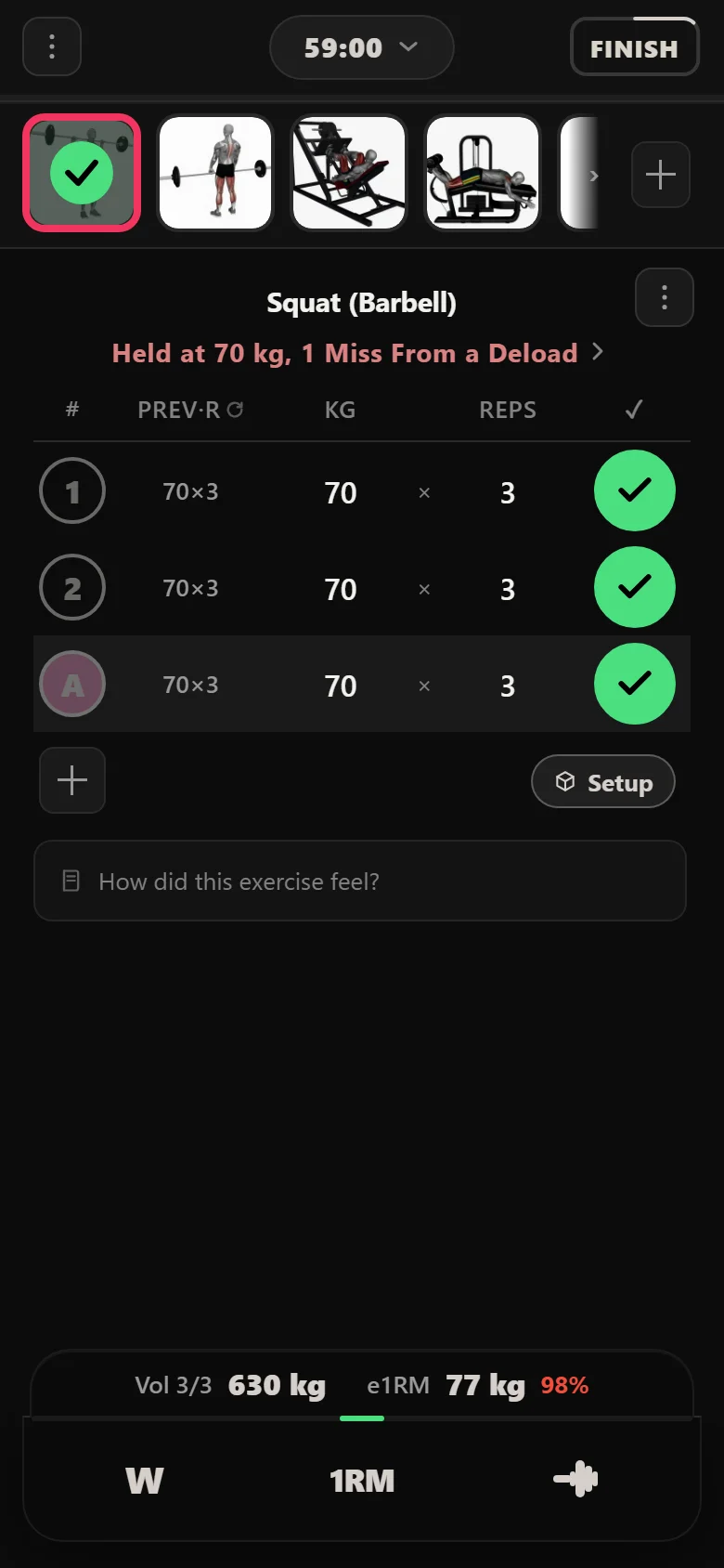 Durata logger showing the squat held at 70 kg, 1 Miss From a Deload, with 70 x 3 in the previous column