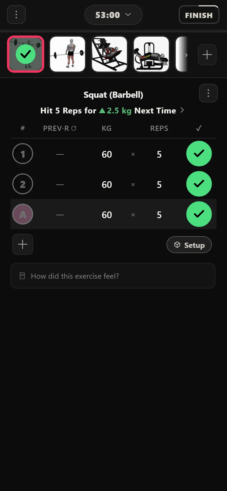 Durata logger showing Squat (Barbell) at 60 kg with its linear rule line reading Hit 5 Reps for 2.5 kg Next Time