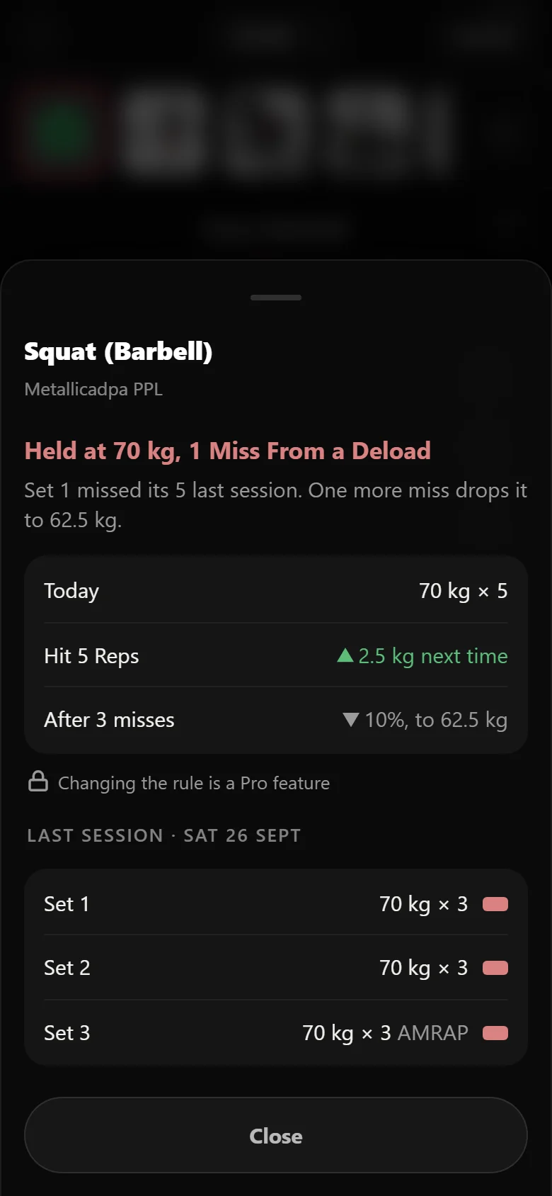 Durata why sheet for the squat: held at 70 kg, after 3 misses down 10% to 62.5 kg